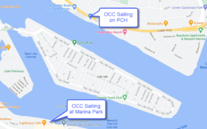 Map of Newport Bay showing location of OCC Waterfront Campus and Marina Park