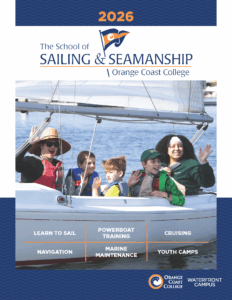 Cover of the school sailing catalog with 2 adults and 3 kids in a keelboat.
